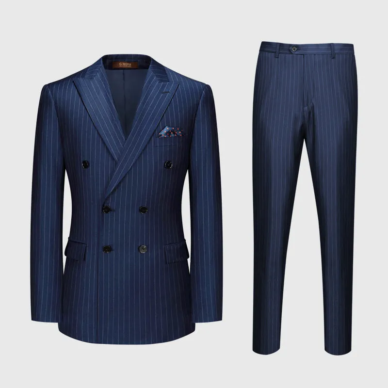 100% Wool Double Breasted Men Suit Deep Blue Striped Casual Mens Suits With Pants Wedding Groom Suit