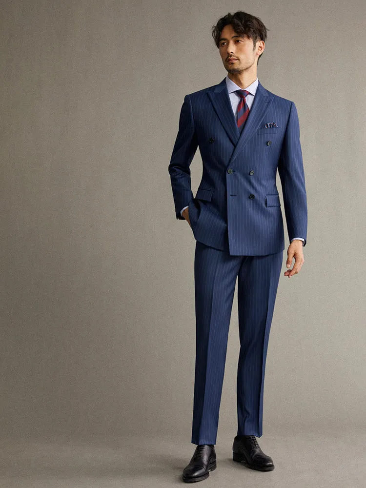 100% Wool Double Breasted Men Suit Deep Blue Striped Casual Mens Suits With Pants Wedding Groom Suit