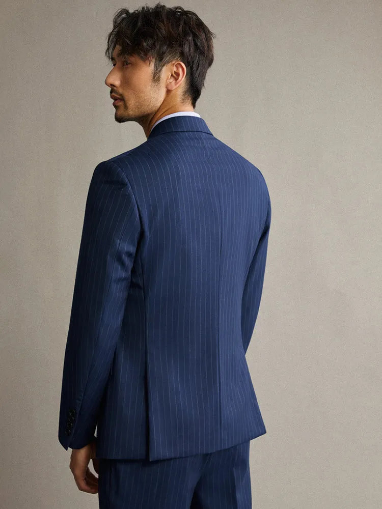 100% Wool Double Breasted Men Suit Deep Blue Striped Casual Mens Suits With Pants Wedding Groom Suit