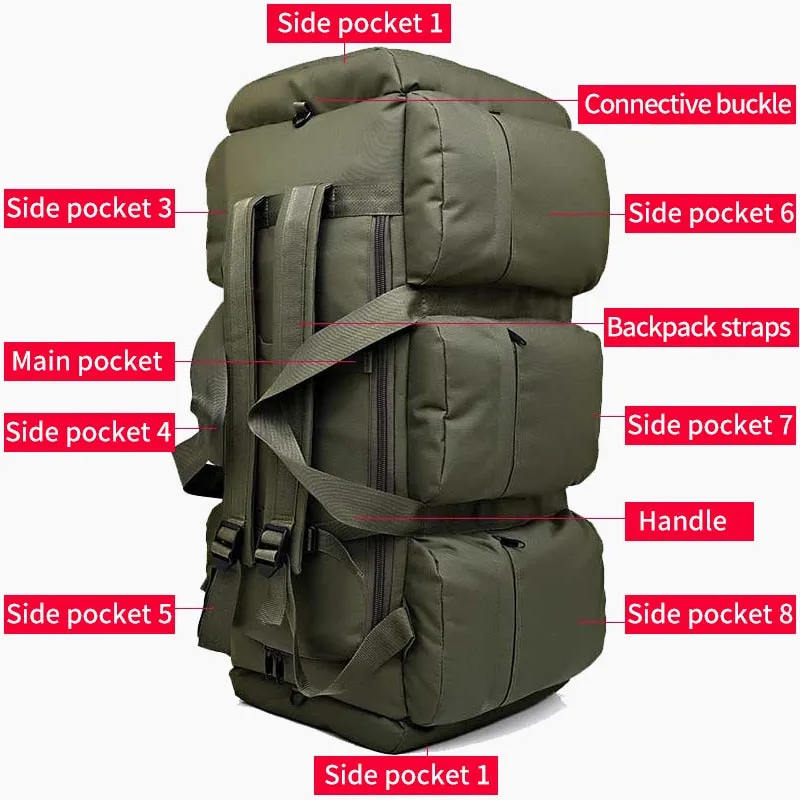 90L Large Capacity Men Canvas Military Tactical Backpack Waterproof Hiking Climbing Camping Rucksack