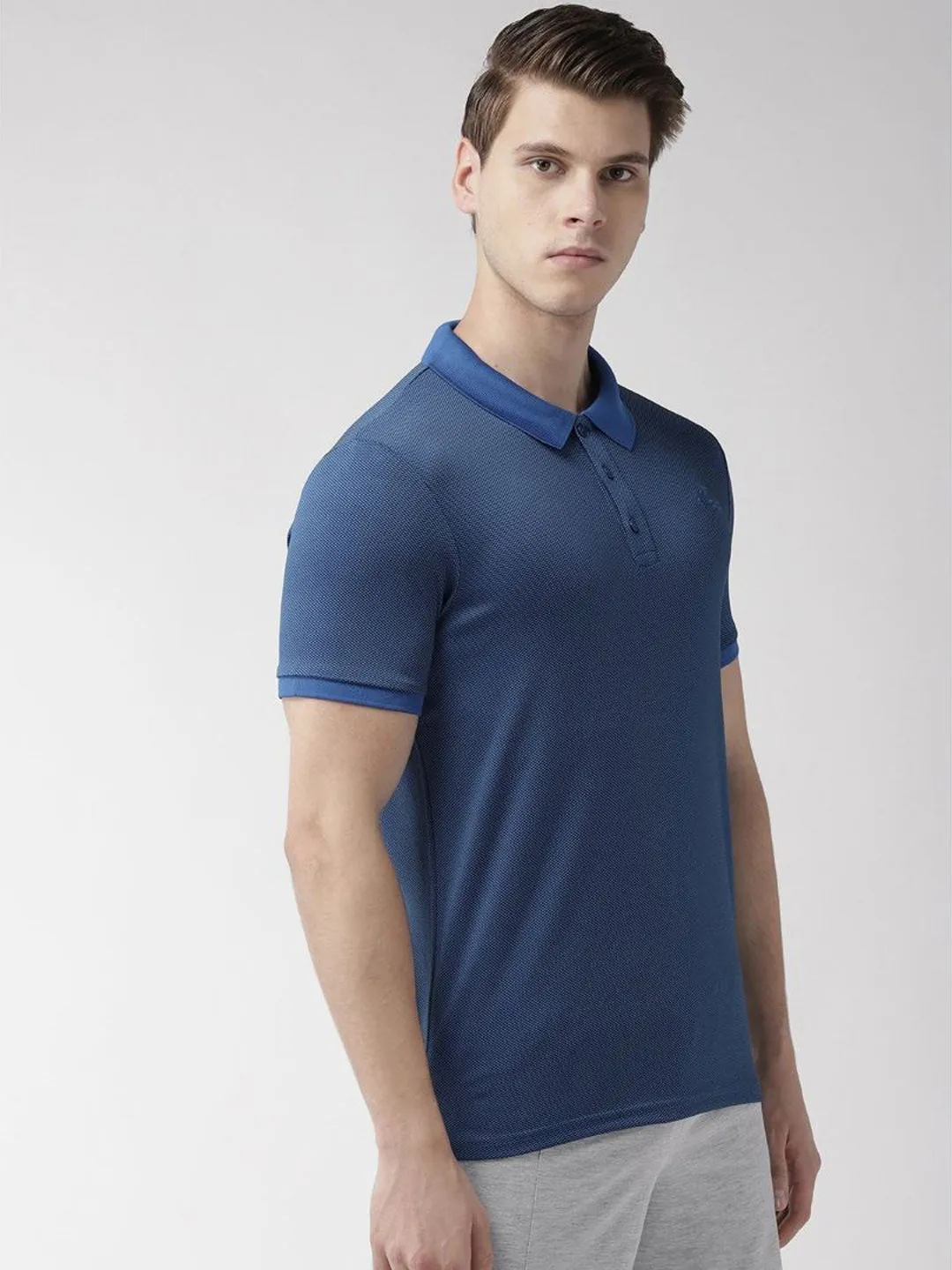 Alcis Men Blue Black Slim Fit Self Design Polo Collar T-shirt