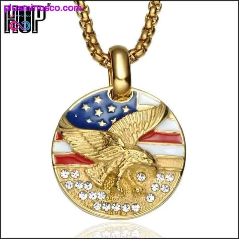 American Flag Eagle Hawk Round Gold Stainless Steel Necklace