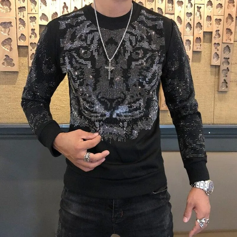 Autumn Winter Fashion Men's Personalized Tiger Head Heavy Hot Drilling Tee Shirt