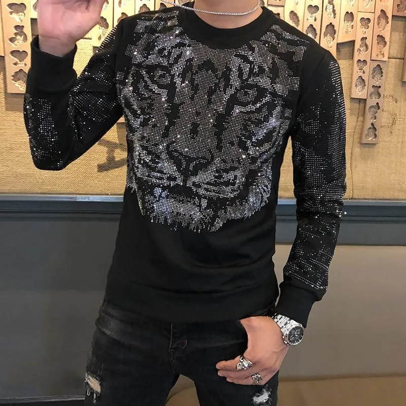 Autumn Winter Fashion Men's Personalized Tiger Head Heavy Hot Drilling Tee Shirt