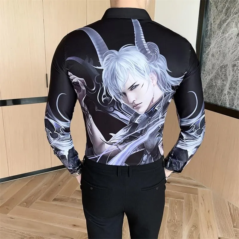 Autumn Winter Men's Casual Fashion Long Sleeve Cartoon Print Slim Shirts