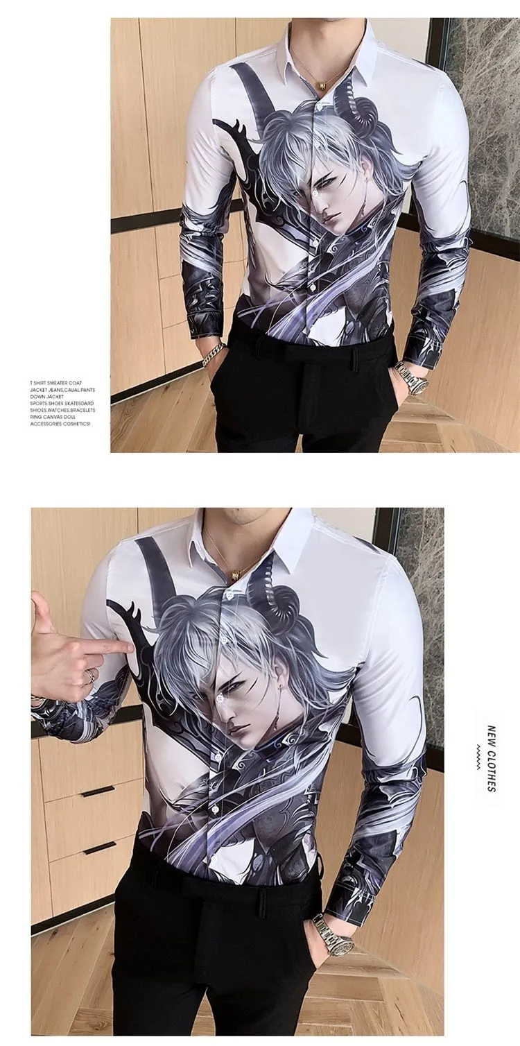 Autumn Winter Men's Casual Fashion Long Sleeve Cartoon Print Slim Shirts