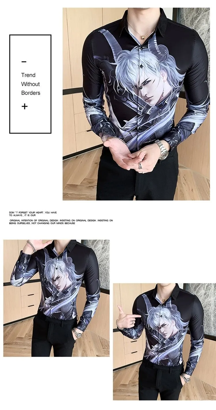 Autumn Winter Men's Casual Fashion Long Sleeve Cartoon Print Slim Shirts