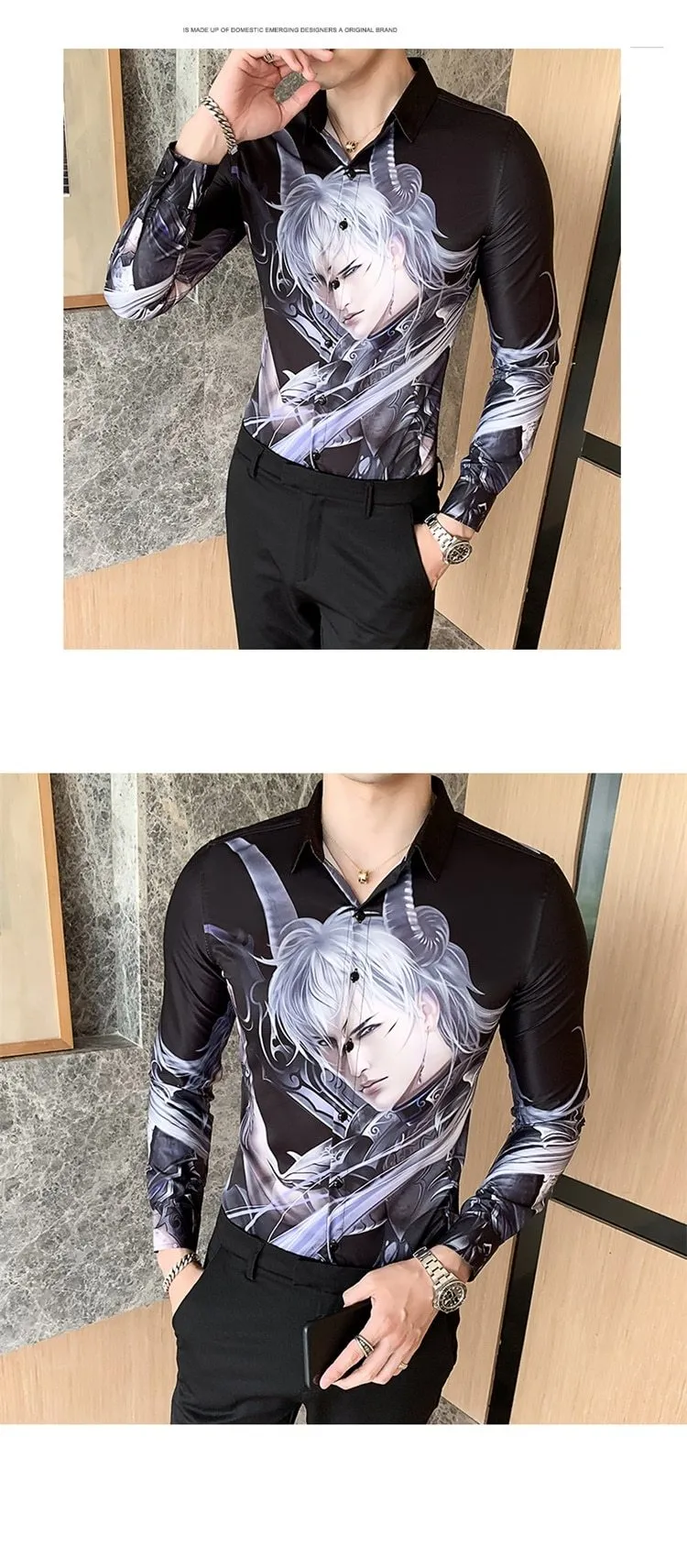 Autumn Winter Men's Casual Fashion Long Sleeve Cartoon Print Slim Shirts