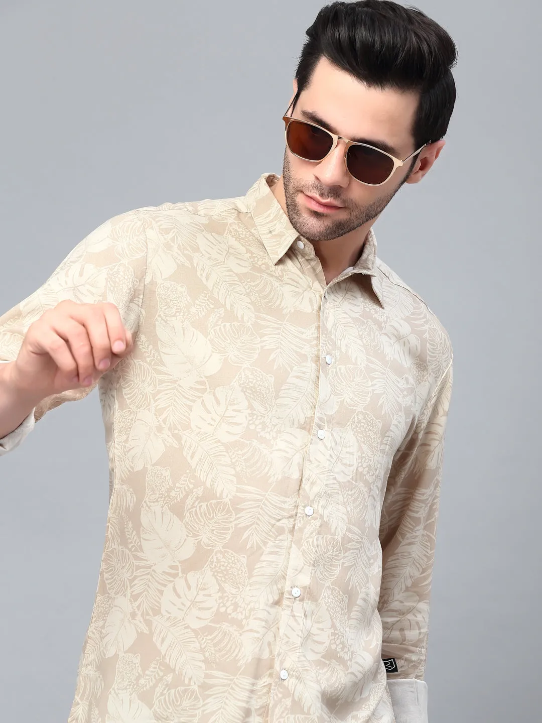 Beige Tropical Printed Cut Away Collar Full Sleeve Shirt