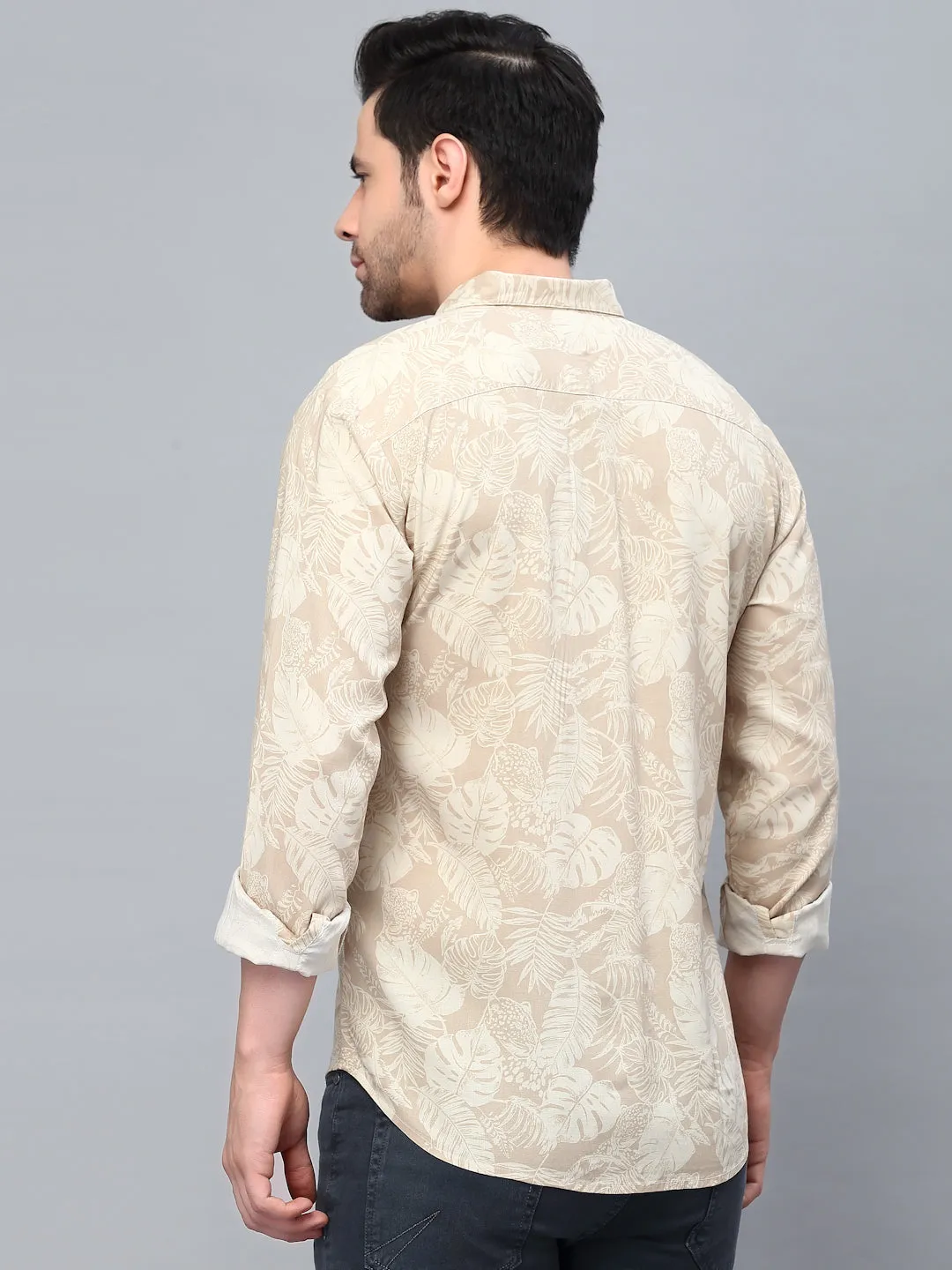 Beige Tropical Printed Cut Away Collar Full Sleeve Shirt