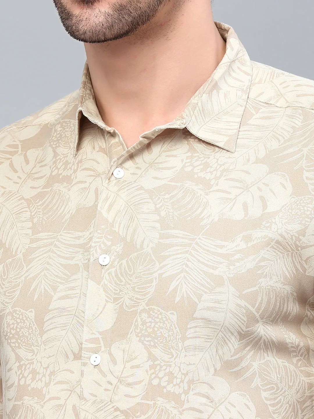 Beige Tropical Printed Cut Away Collar Full Sleeve Shirt