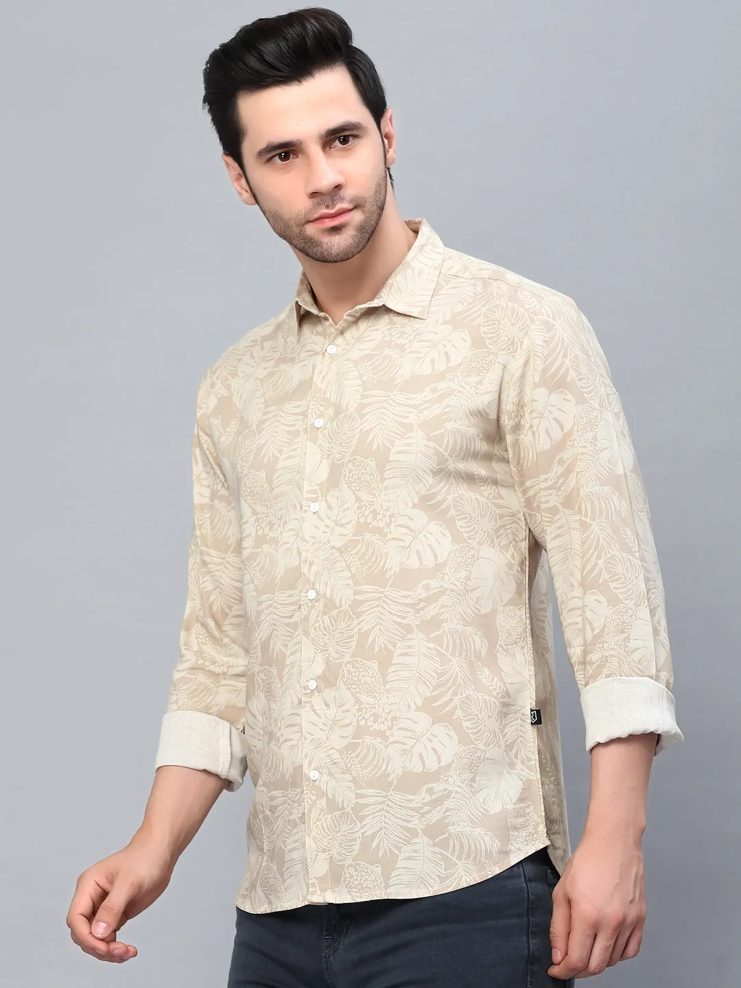 Beige Tropical Printed Cut Away Collar Full Sleeve Shirt