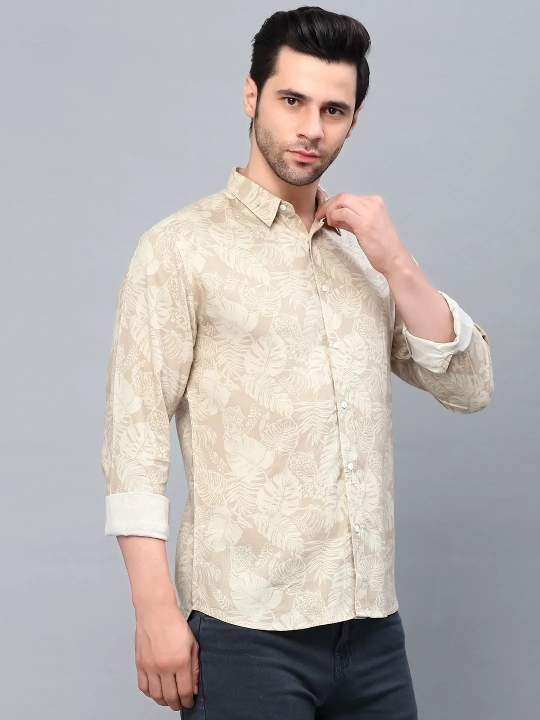 Beige Tropical Printed Cut Away Collar Full Sleeve Shirt