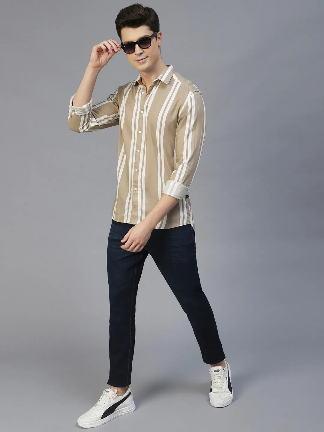 Beige Vertical Stripes Full Sleeves Shirt