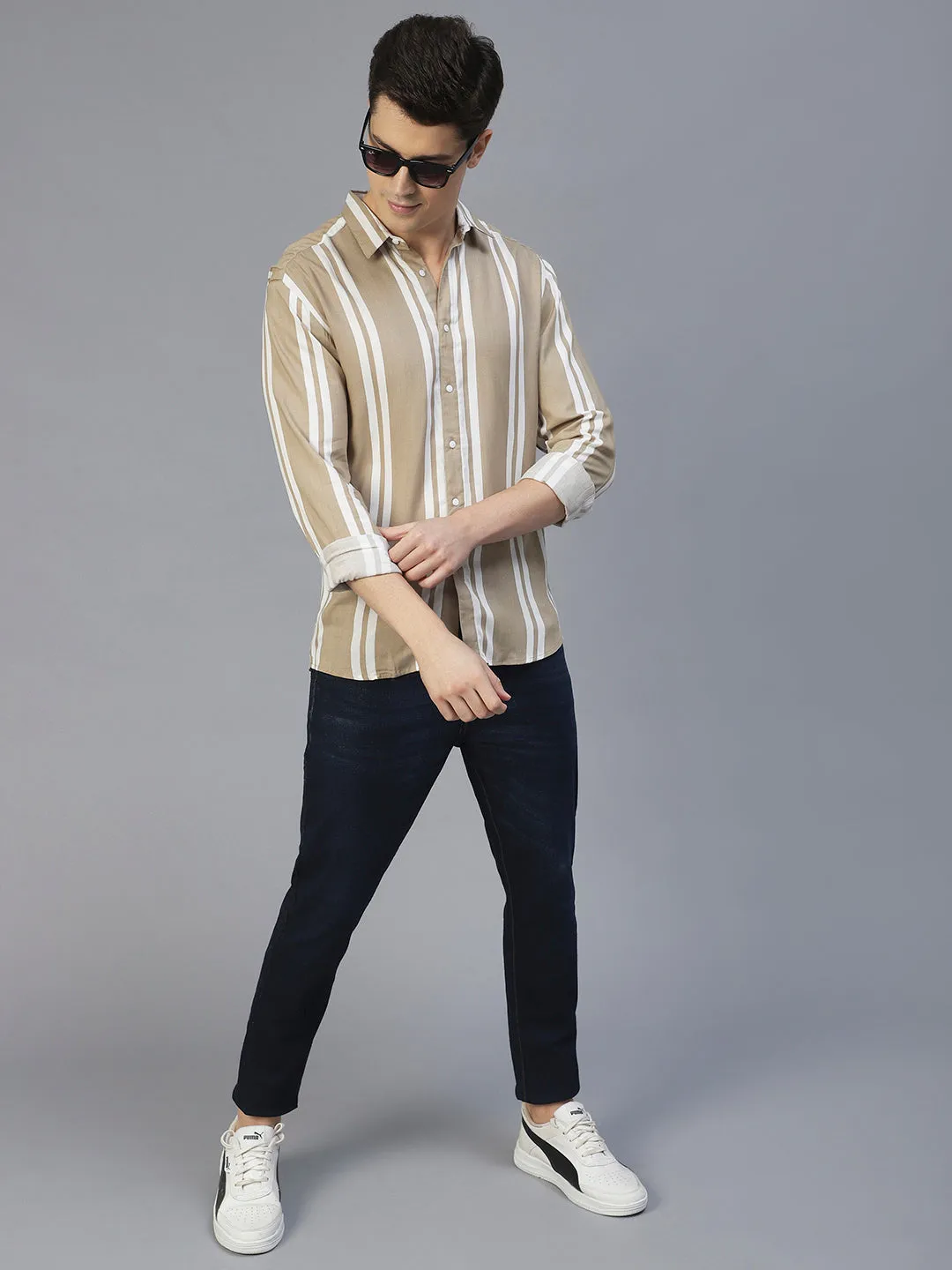 Beige Vertical Stripes Full Sleeves Shirt