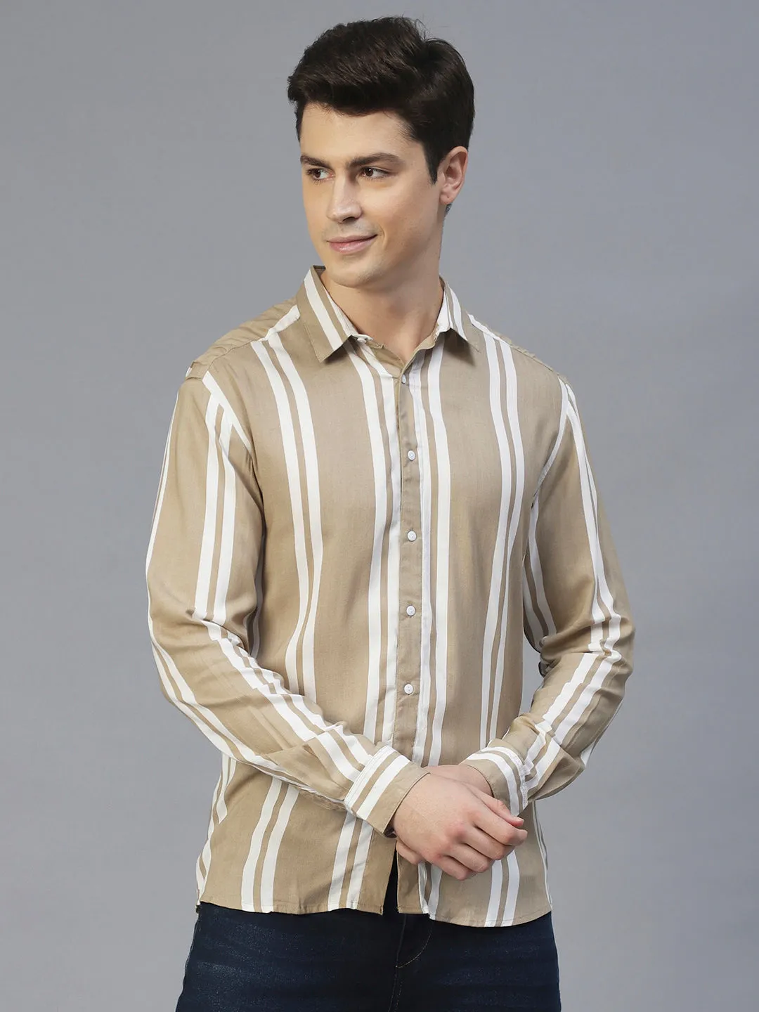 Beige Vertical Stripes Full Sleeves Shirt