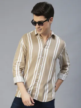 Beige Vertical Stripes Full Sleeves Shirt