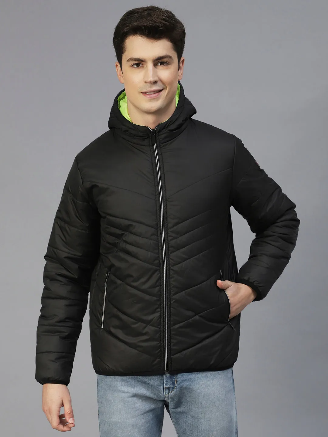 Black Hooded Full Sleeves Puffer Jacket