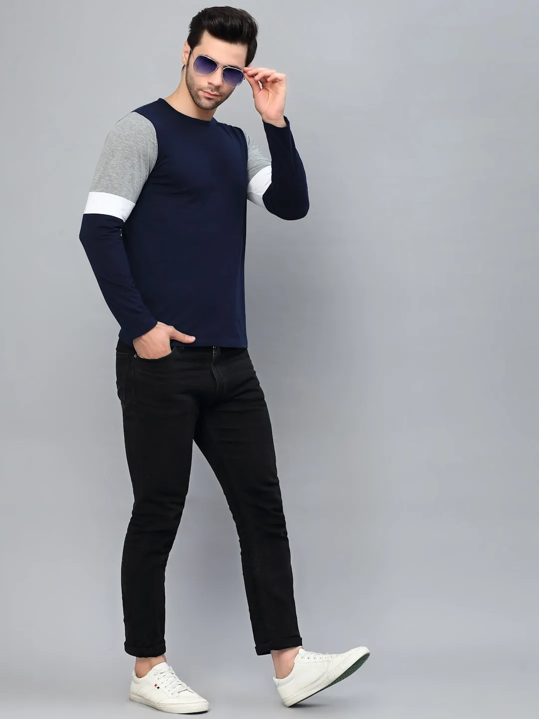 Color Block Round Neck  Full Sleeve T-Shirt