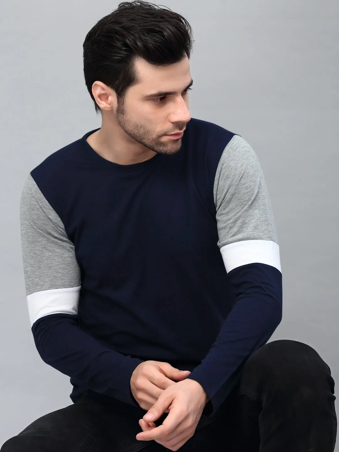 Color Block Round Neck  Full Sleeve T-Shirt