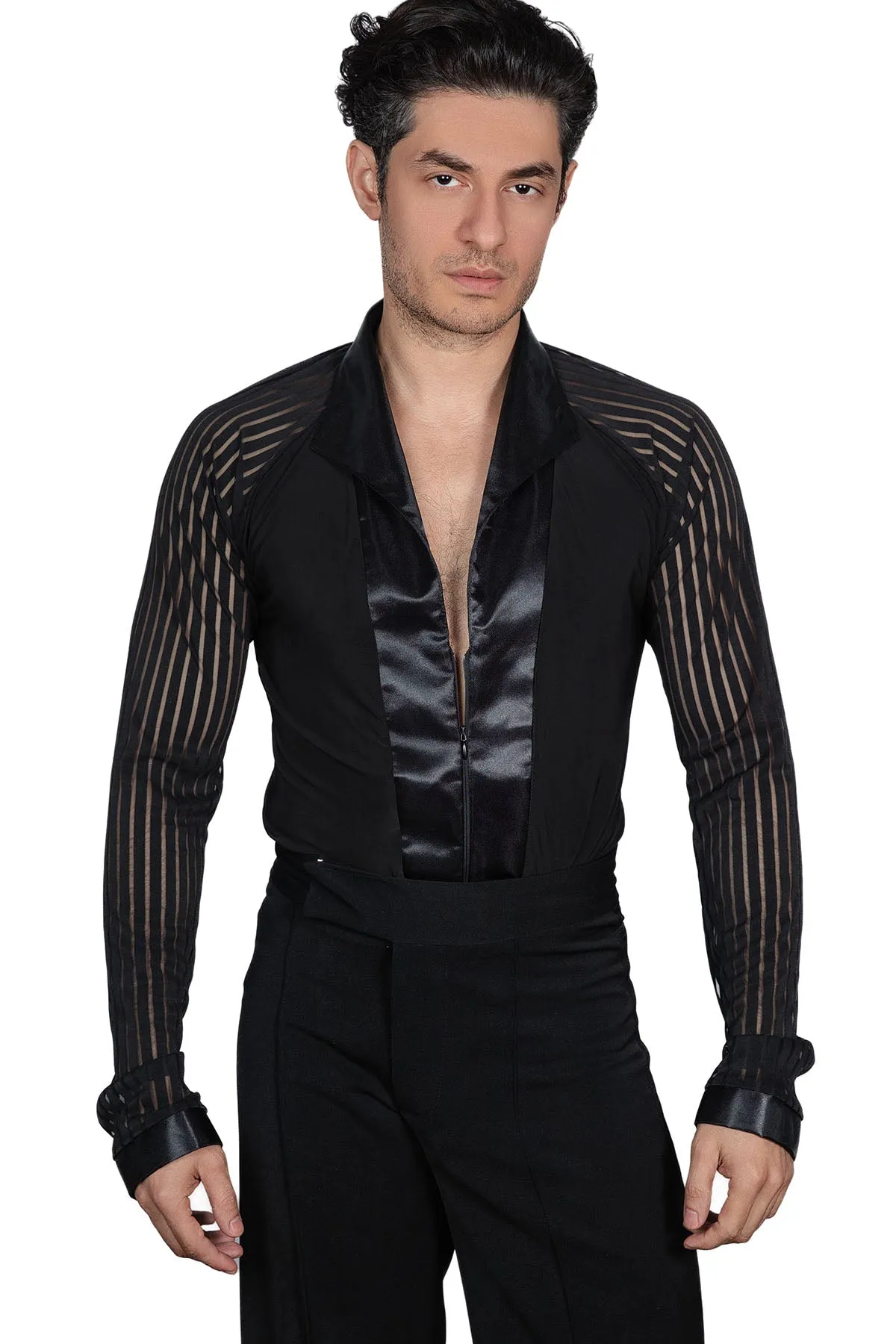 Dance America MS40 Men's Striped Sleeve Zipper Closure Latin Shirt with Soft Collar and Trunks in Stock