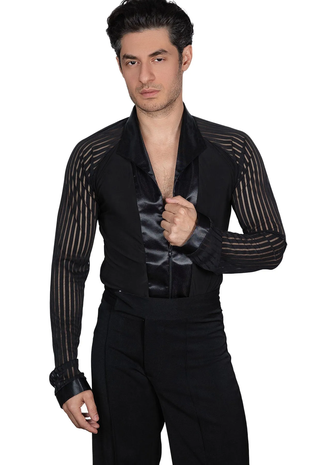 Dance America MS40 Men's Striped Sleeve Zipper Closure Latin Shirt with Soft Collar and Trunks in Stock