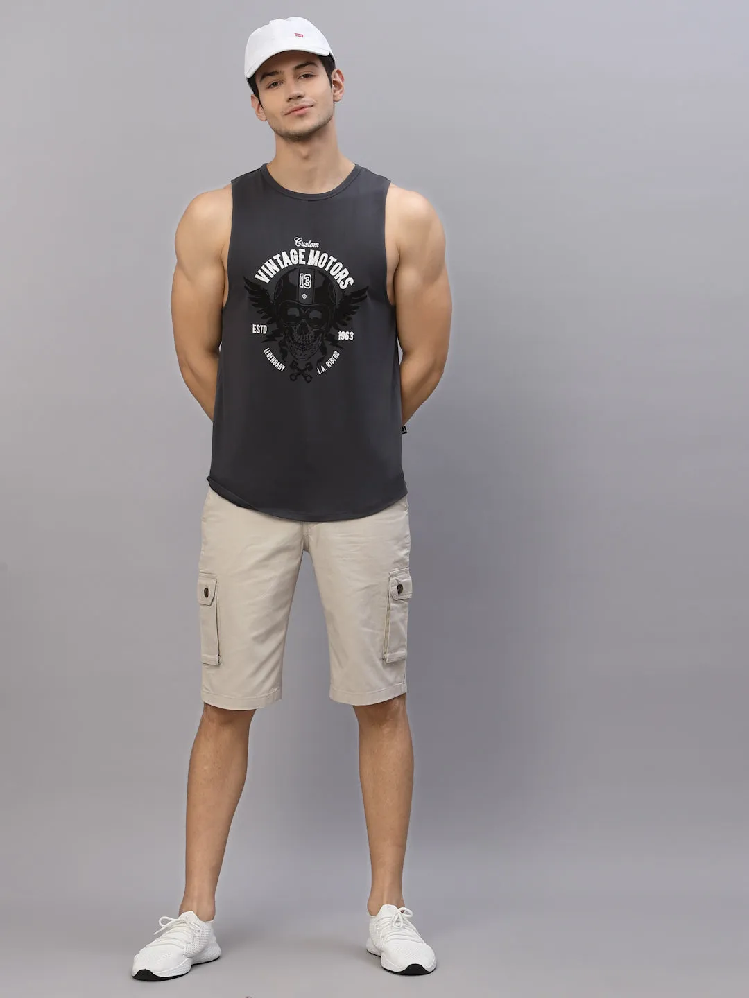 Dark Grey Printed Sleeveless Round Neck T-Shirt Vest