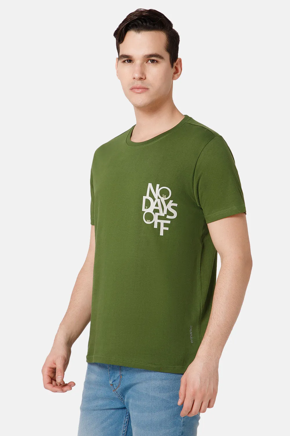 Enhance Printed Crew Neck Men's Casual T-Shirts - Olive - TS14