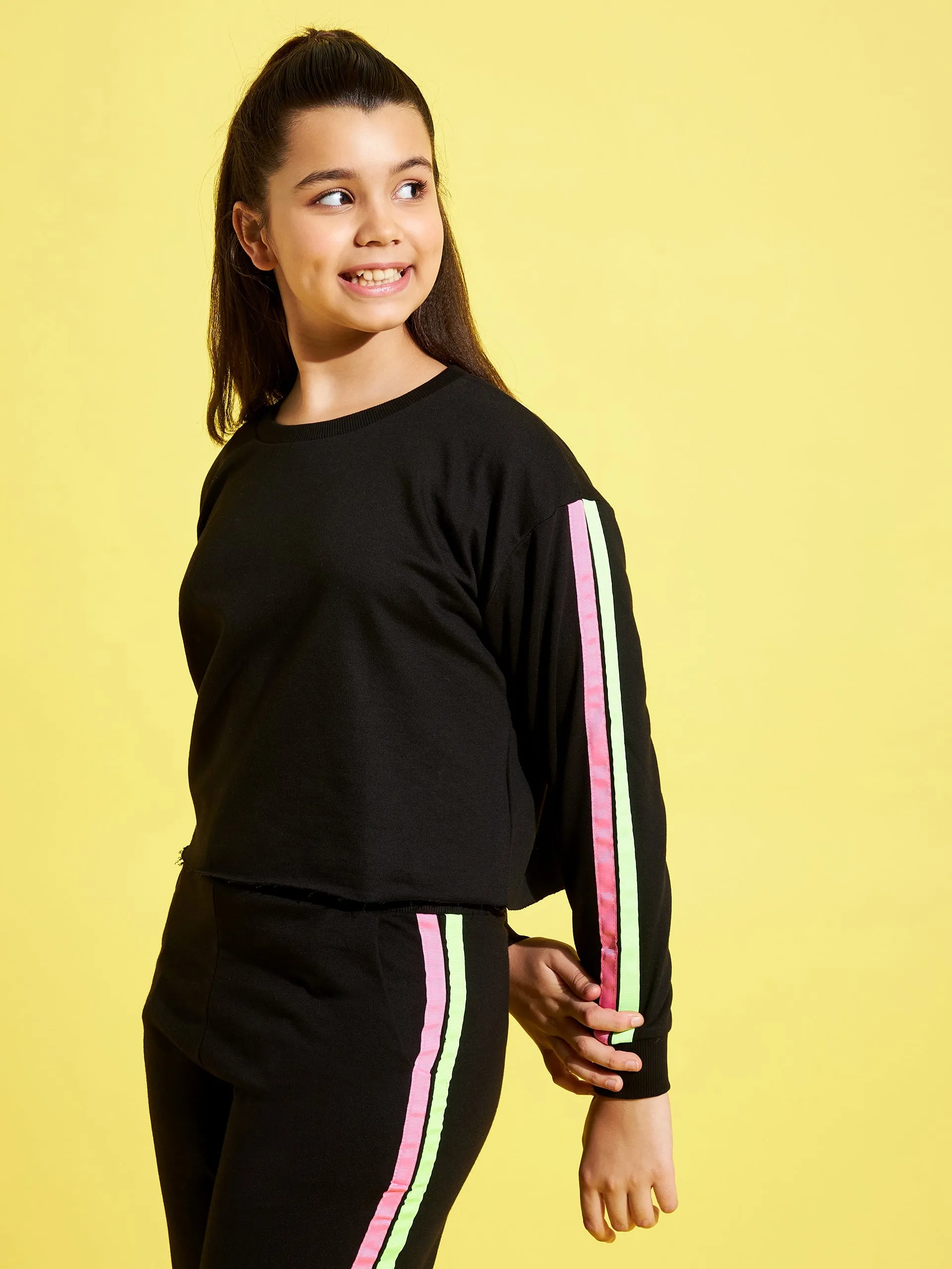 Girls Black Terry Shoulder Tape Crop Sweatshirt