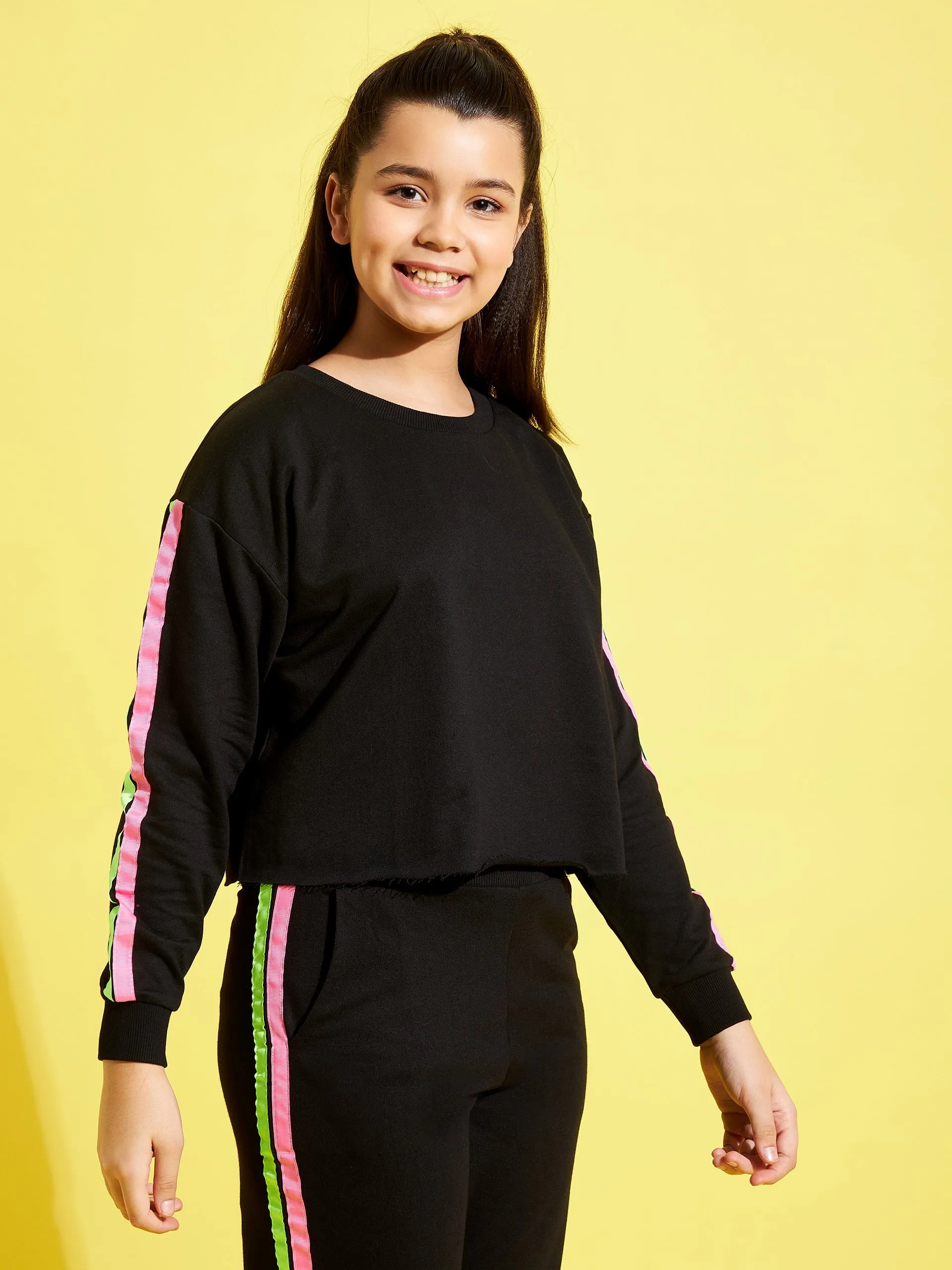 Girls Black Terry Shoulder Tape Crop Sweatshirt