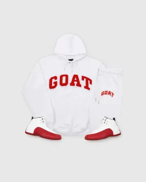 GOAT White Sweatsuit with Arch Logo Chenille Detailing in Cherry Red