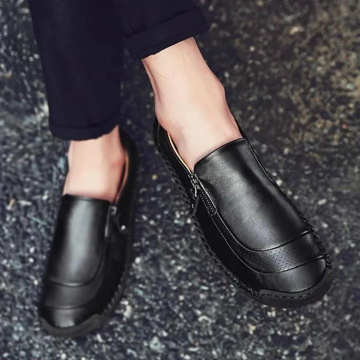 Men Hand Stitching Zipper Slip-ons Leather Loafers