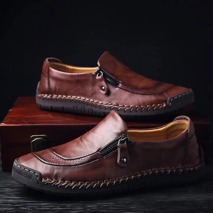 Men Hand Stitching Zipper Slip-ons Leather Loafers