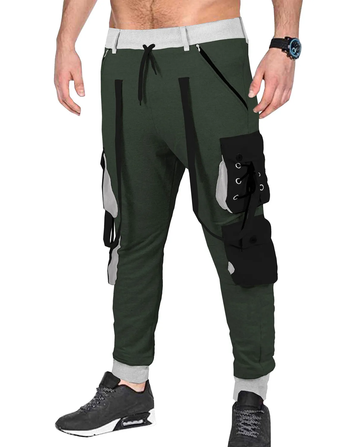 Men Olivegreen-Black Street Casual Fashion Jogger Pants