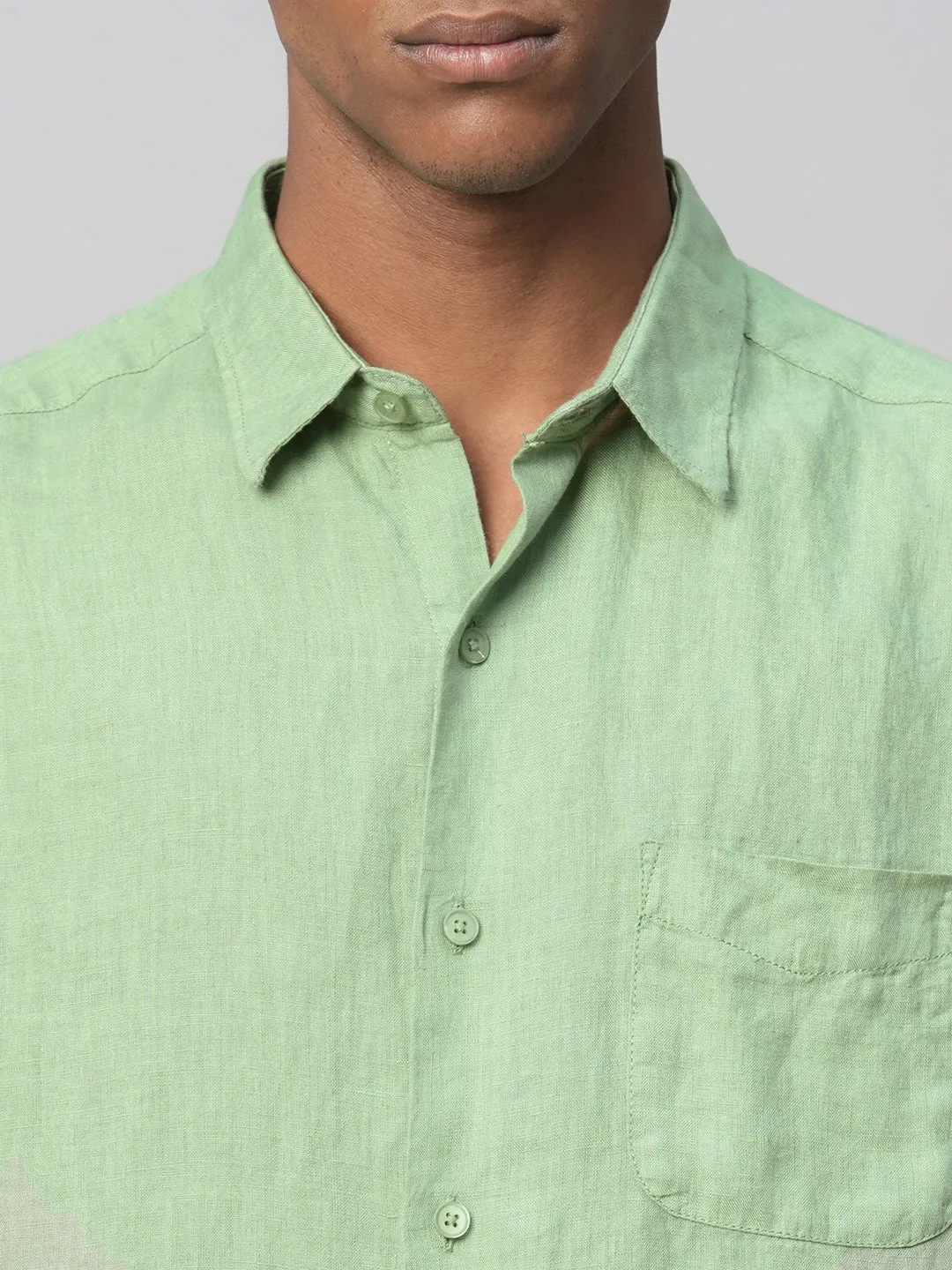 Men's 100% Linen Green Regular Fit Long Sleeved Shirt