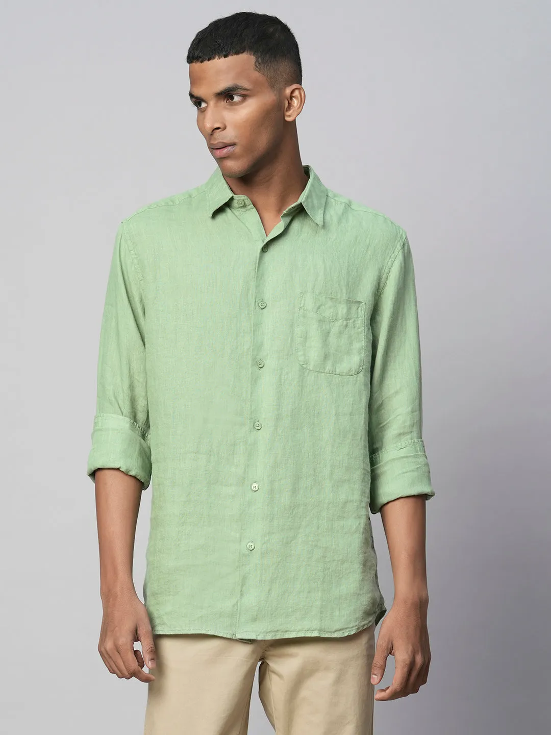 Men's 100% Linen Green Regular Fit Long Sleeved Shirt