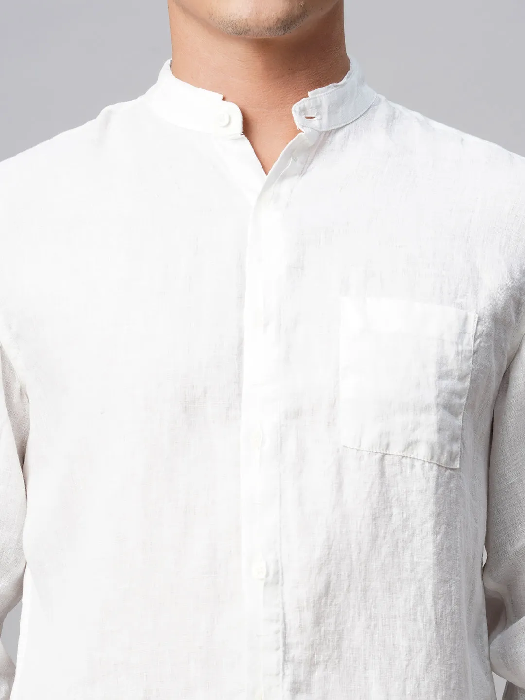 Men's 100% Linen White Band Collared Regular Fit Band Collared Shirt