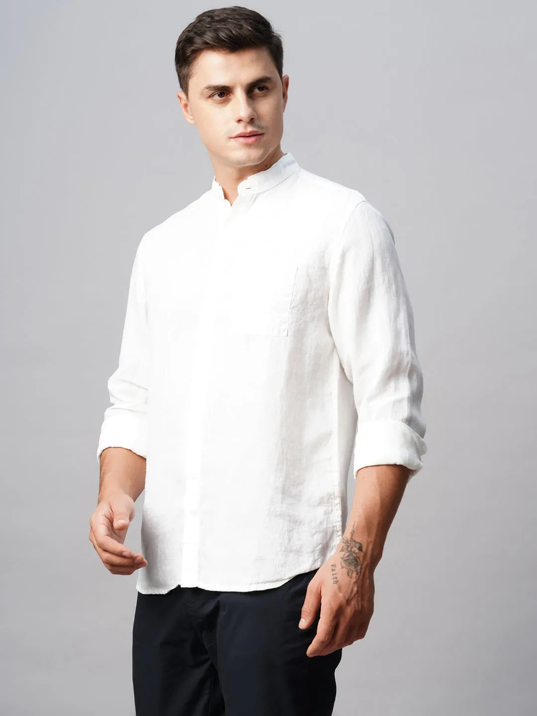 Men's 100% Linen White Band Collared Regular Fit Band Collared Shirt