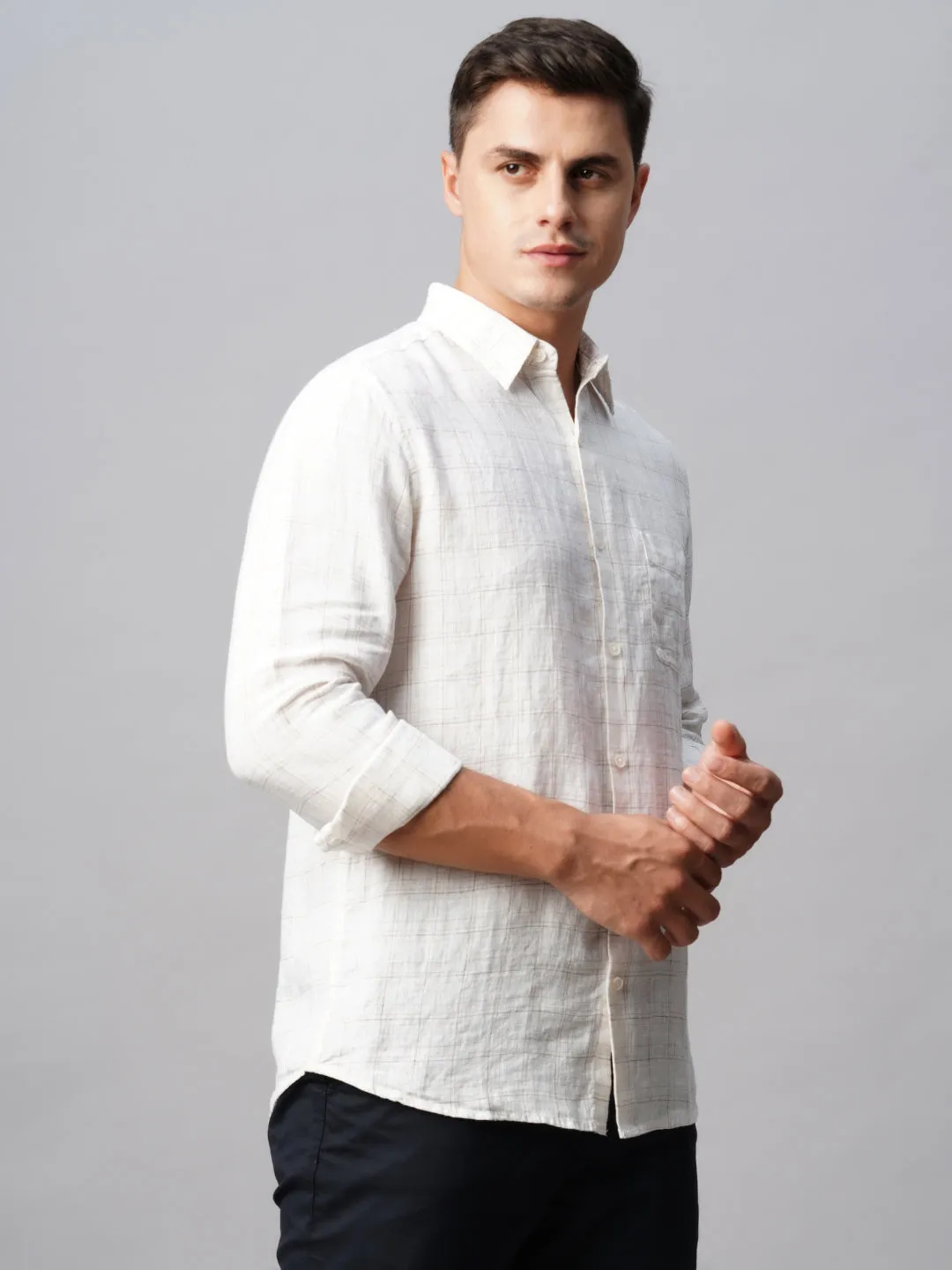 Men's 100% Linen White Regular Fit Long Sleeved Shirt