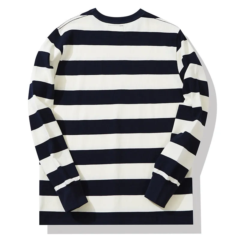 Men's American Retro Prisoner Motorcycle Thick Stripe Long Sleeve T-Shirt