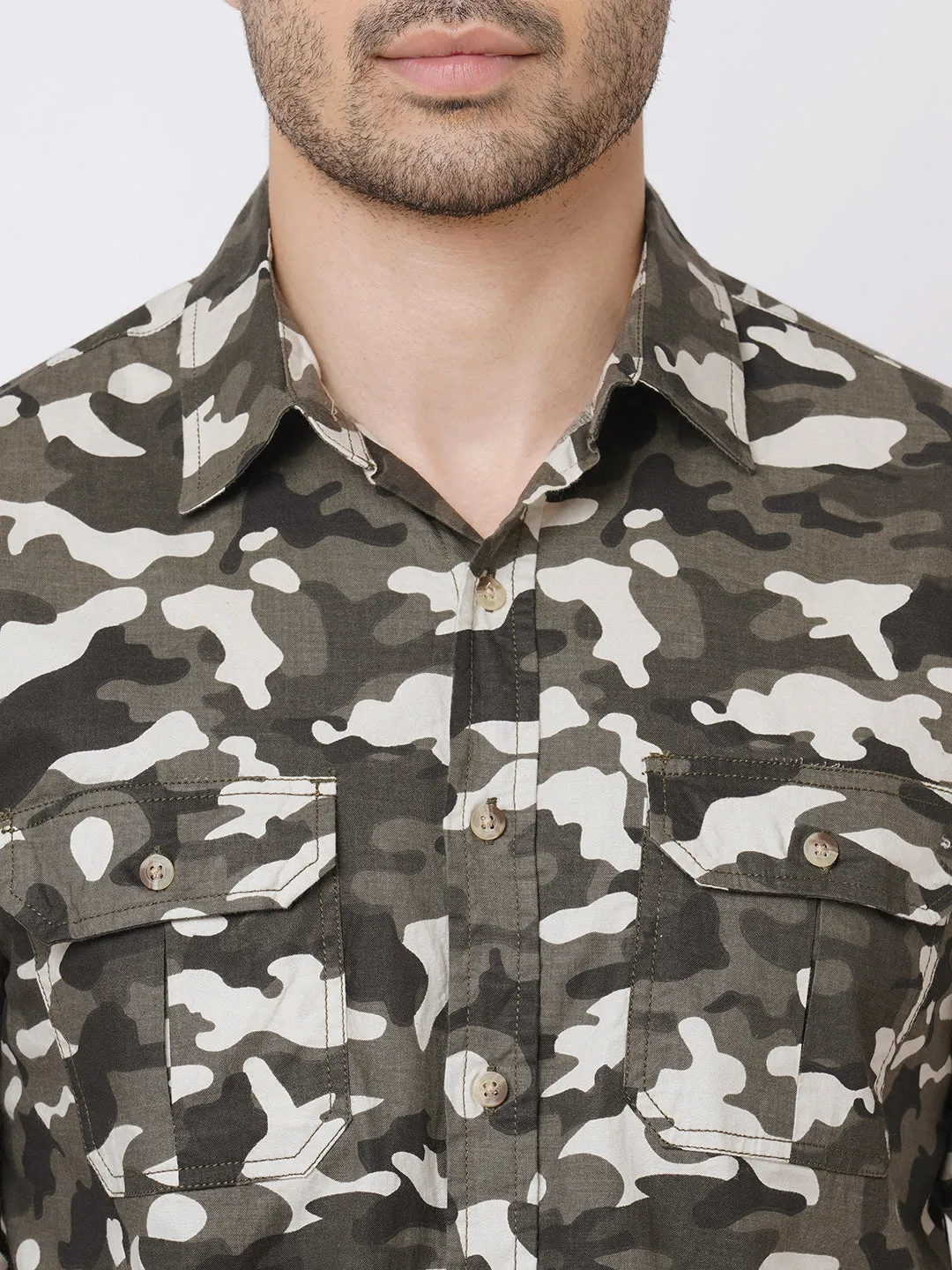 Men's Black Cotton Camo Printed 2 Pocket Regular Fit Shirt