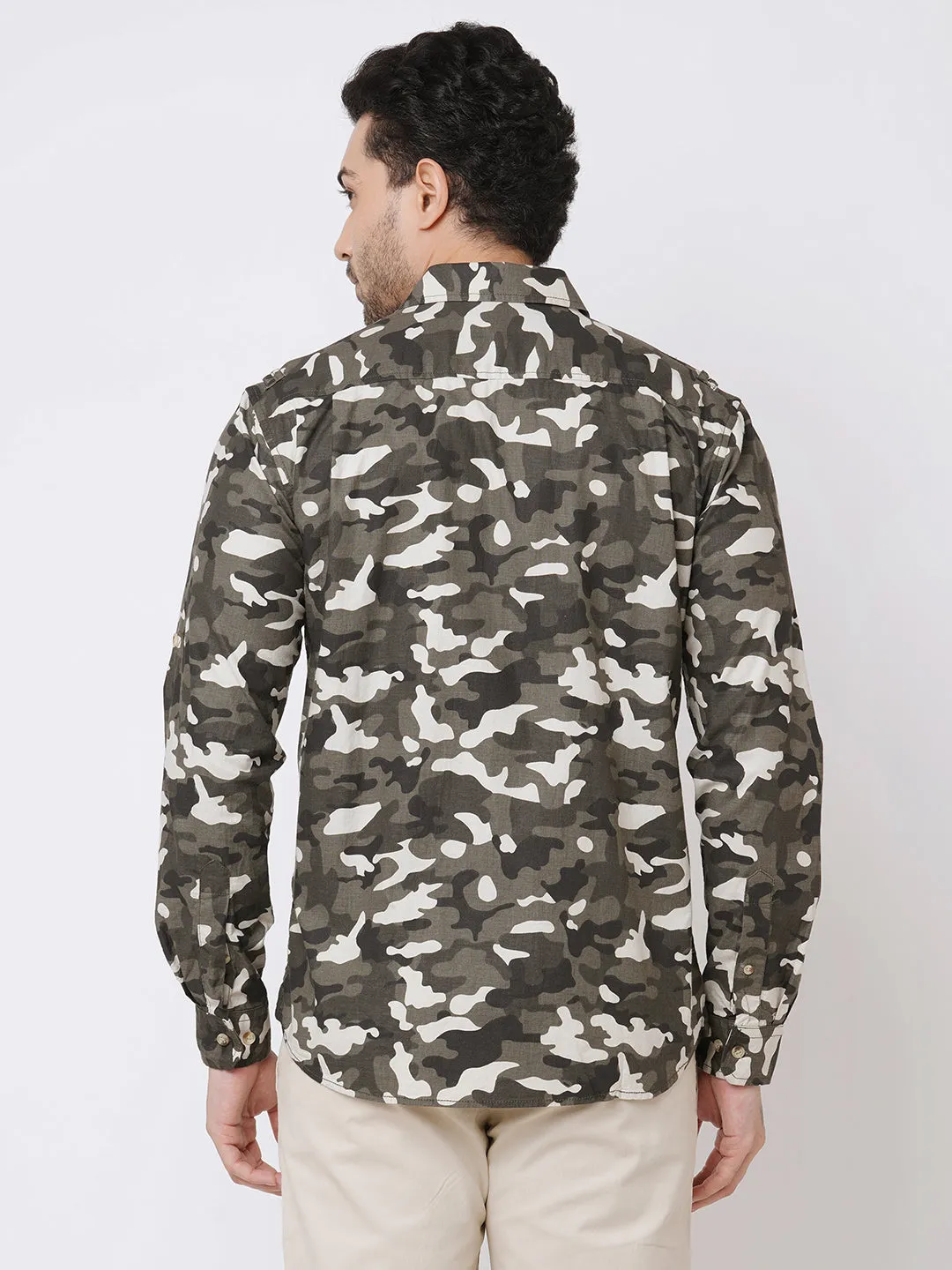 Men's Black Cotton Camo Printed 2 Pocket Regular Fit Shirt