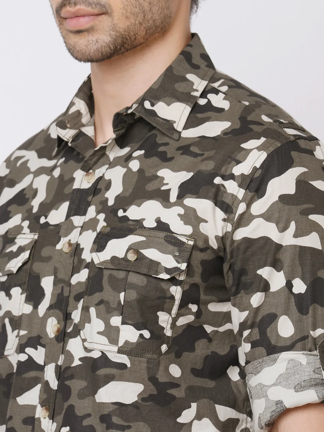 Men's Black Cotton Camo Printed 2 Pocket Regular Fit Shirt