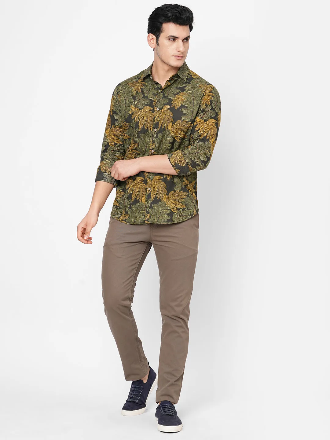 Men's Black Cotton Slim Fit Printed Shirt