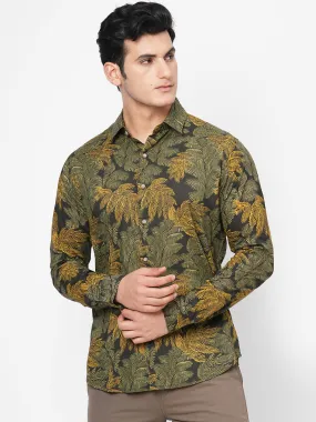 Men's Black Cotton Slim Fit Printed Shirt