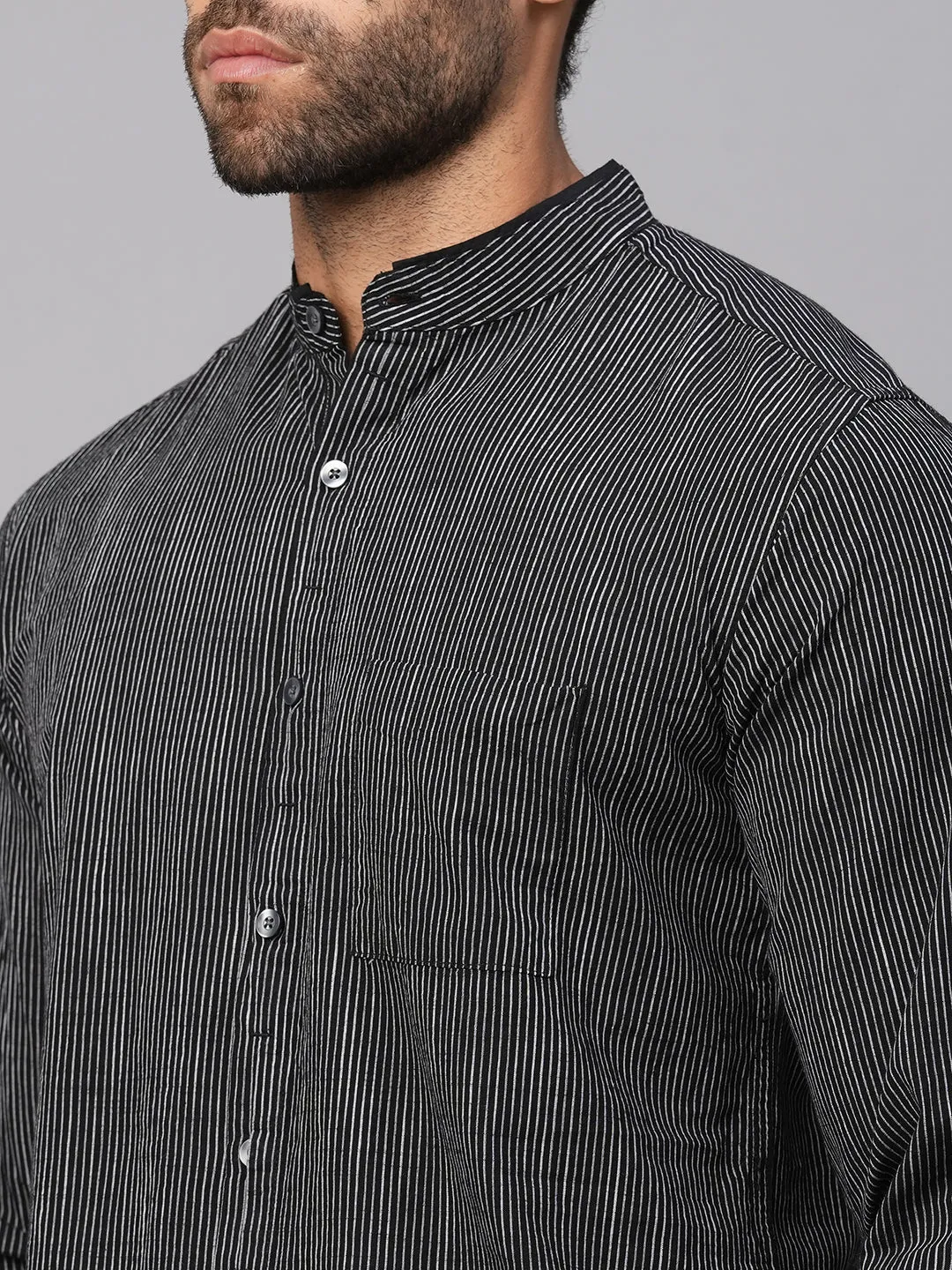 Men's Black/White Cotton Regular Fit Striped Shirt