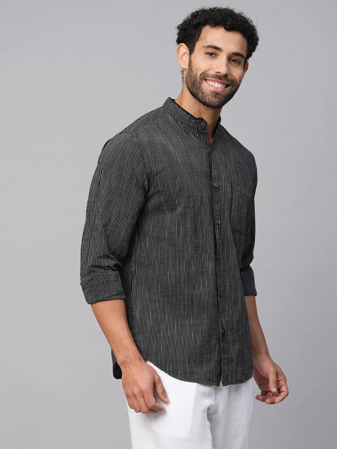 Men's Black/White Cotton Regular Fit Striped Shirt