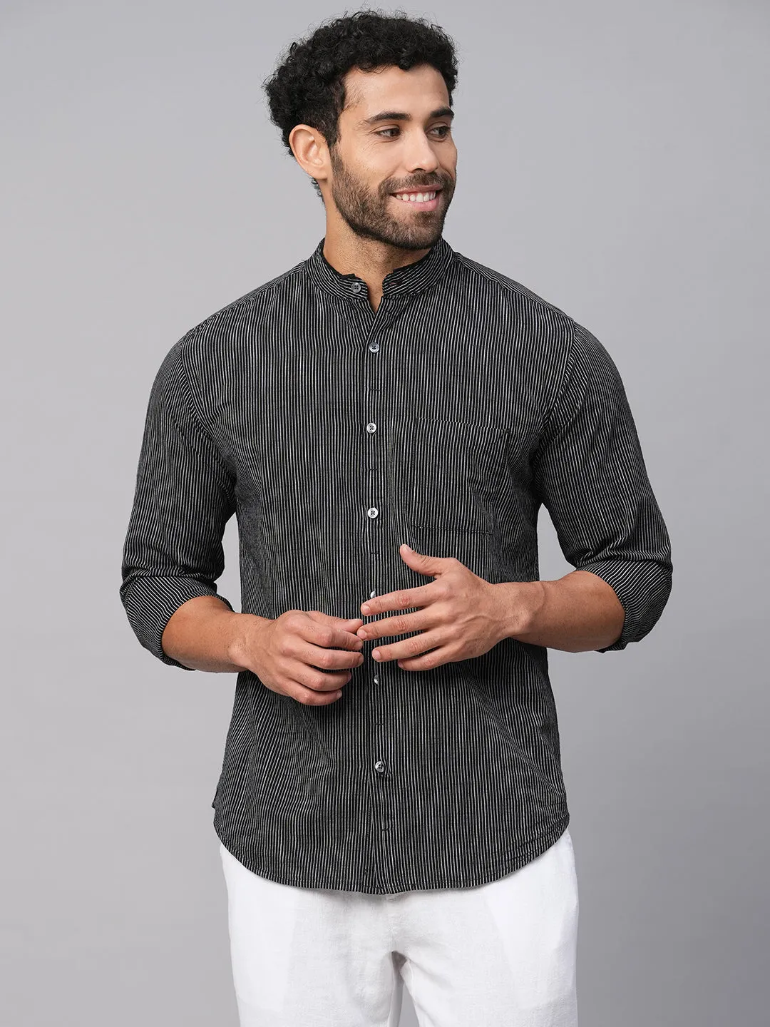 Men's Black/White Cotton Regular Fit Striped Shirt