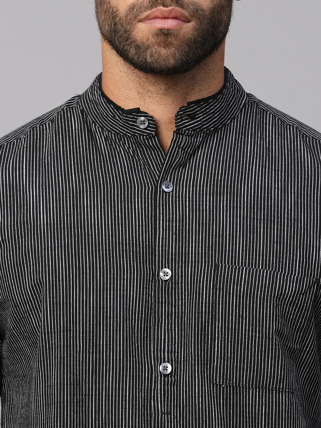 Men's Black/White Cotton Regular Fit Striped Shirt