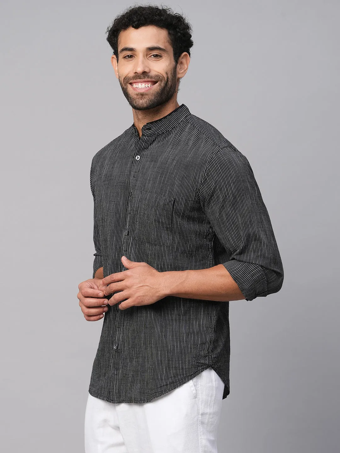 Men's Black/White Cotton Regular Fit Striped Shirt